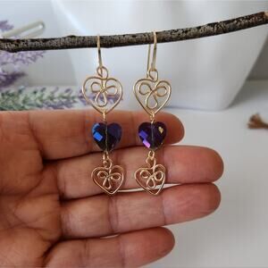 Gold and Purple Heart Dangle Earrings